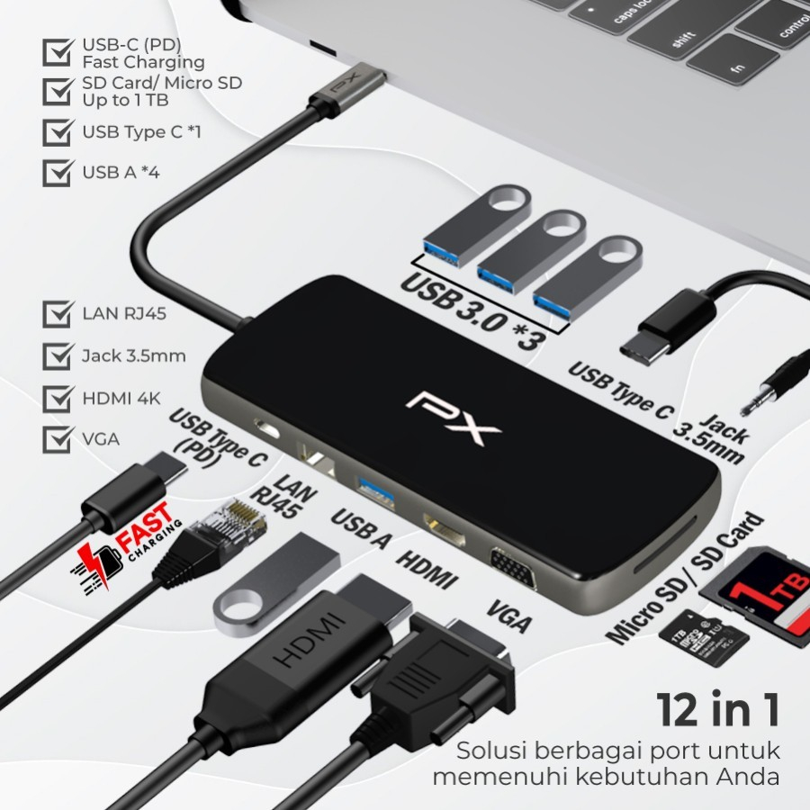 Hub Converter Type C 3.1 MacBook Laptop HDMI USB 12 in 1 PX UCH120B