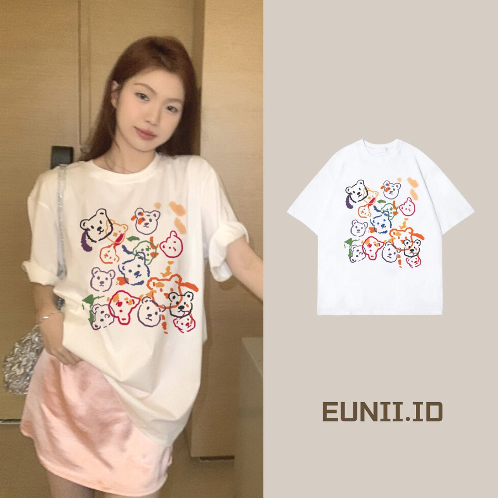 EUNII T-shirt Lengan Pendek Cartoon Graffiti Bear Korean Style/Kaos Atasan Wanita/Baju Kaus Oversize Wanita/Kaos Wanita