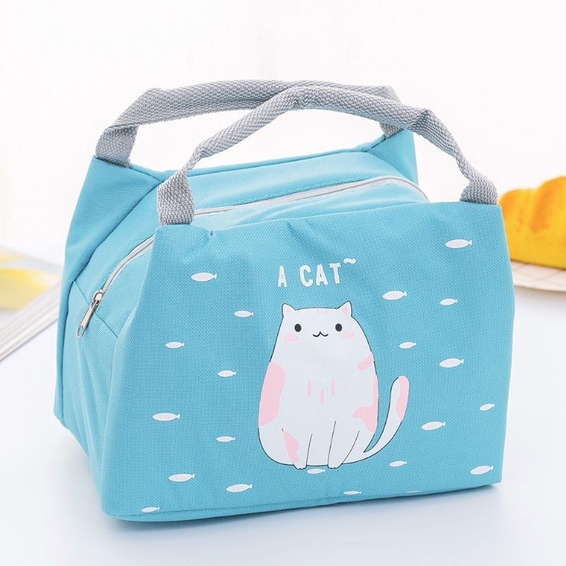 TAS BEKAL MAKANAN KARAKTER LUCU LOKAL / LUNCH BAG KARAKTER BAHAN D600 BAGUS TEBAL-A Cat Blue