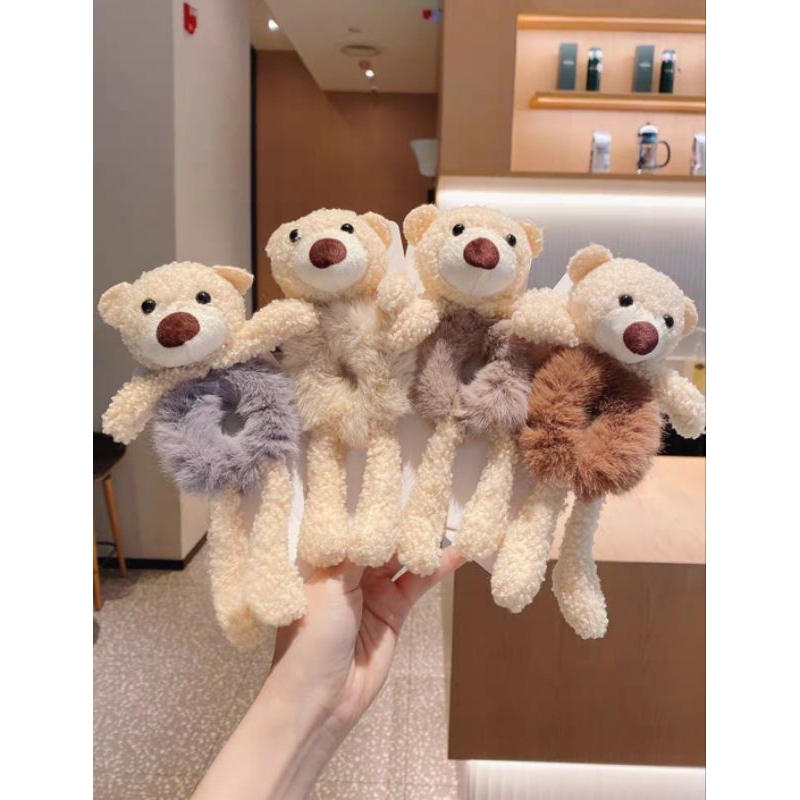 Ikat Rambut Scrunchie Bulu Korea Plush Bear Fluffy Faux Fur Ball Scrunchies Ikat Rambut Korea Boneka Beruang