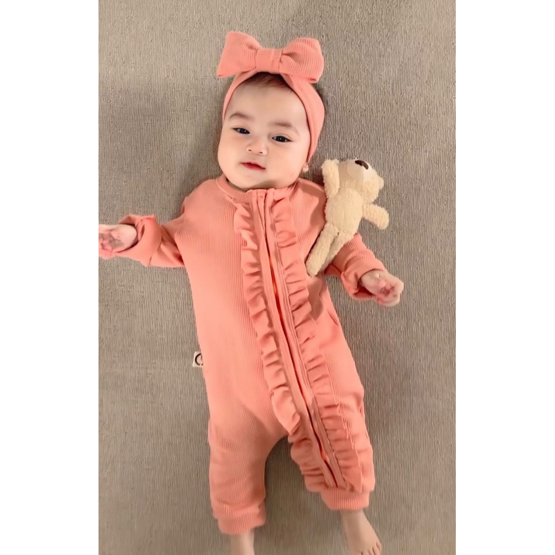 [12.12 SALE] MIOUBABY - Sleepsuit zipper free headband / baju tidur bayi / jumper bayi /jumpsuit bayi / bodysuit baby / waffle baby / baju anak / baju bayi / sleepsuit anak / hadiah lahiran / setelan anak / setelan bayi / baju anak perempuan