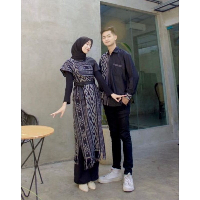 ready stok couple tenun aurora toraja hitam dress kondangan - set couple baju tenun