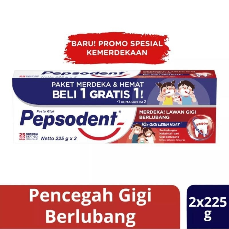 PEPSODENT PASTA GIGI PENCEGAH GIGI BERLUBANG 225 GRAM ISI 2 PEPSODENT PASTA GIGI 225 GRAM BUY 1 GET 1