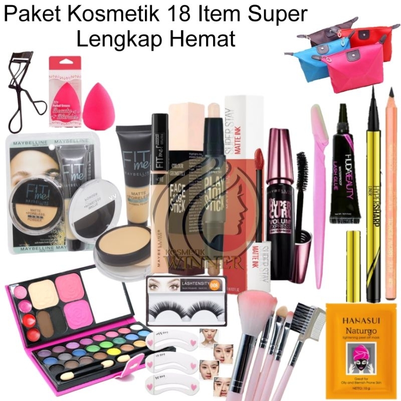 Paket Kosmetik Super Lengkap - Paket Kosmetik Hemat 18 in 1 - Foundation  - Concealer  - Eyeshadow Besar  - Contour  - Mascara - Eyeliner - Pensil Alis - Lipcream