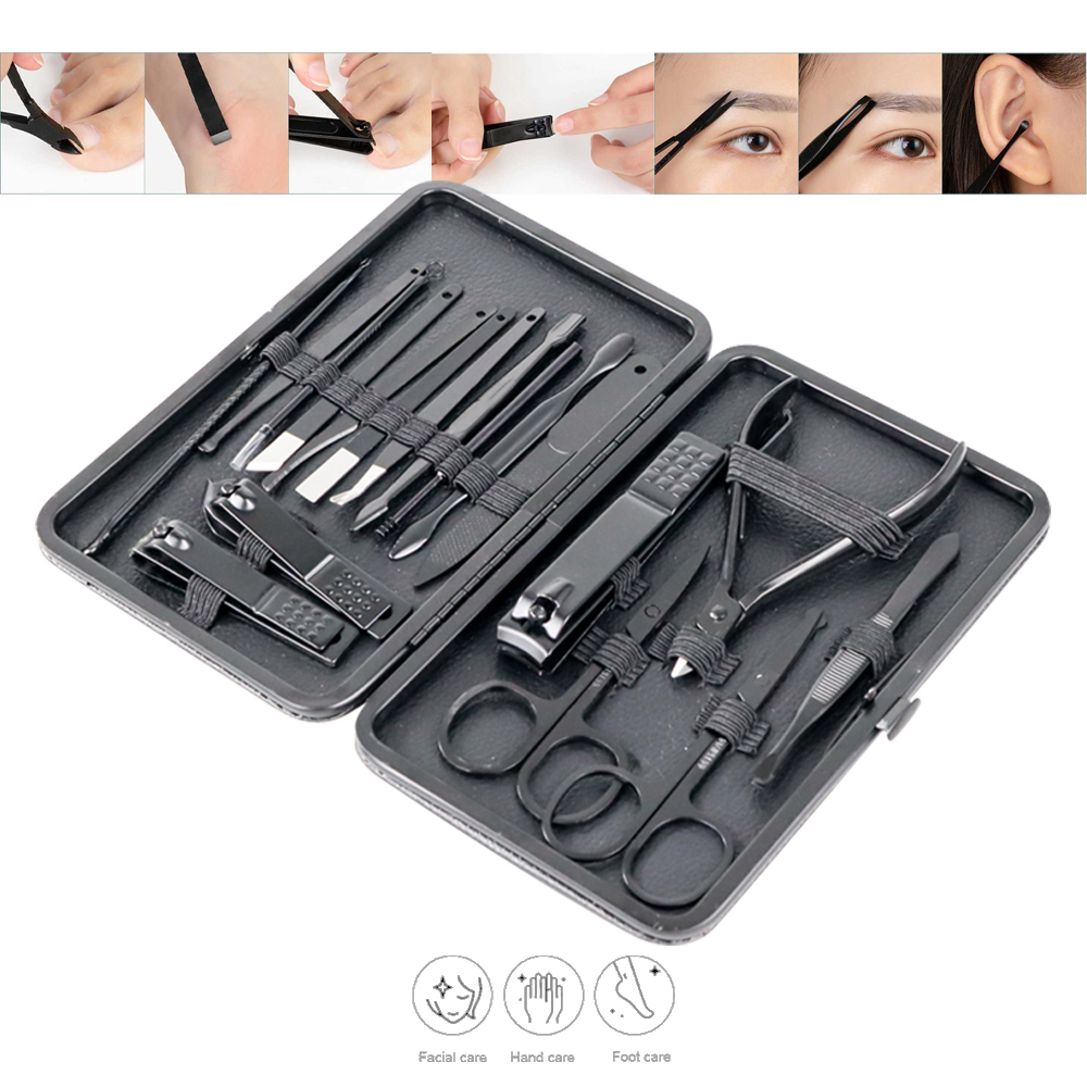 GV8 Nail Manicure Pedicure High Quality Peralatan Kuku Stainless Steel Set Perlengkapan Gunting Kuku Nail Clipper 16 Pcs S0m020 Biutte.co Black Or-i