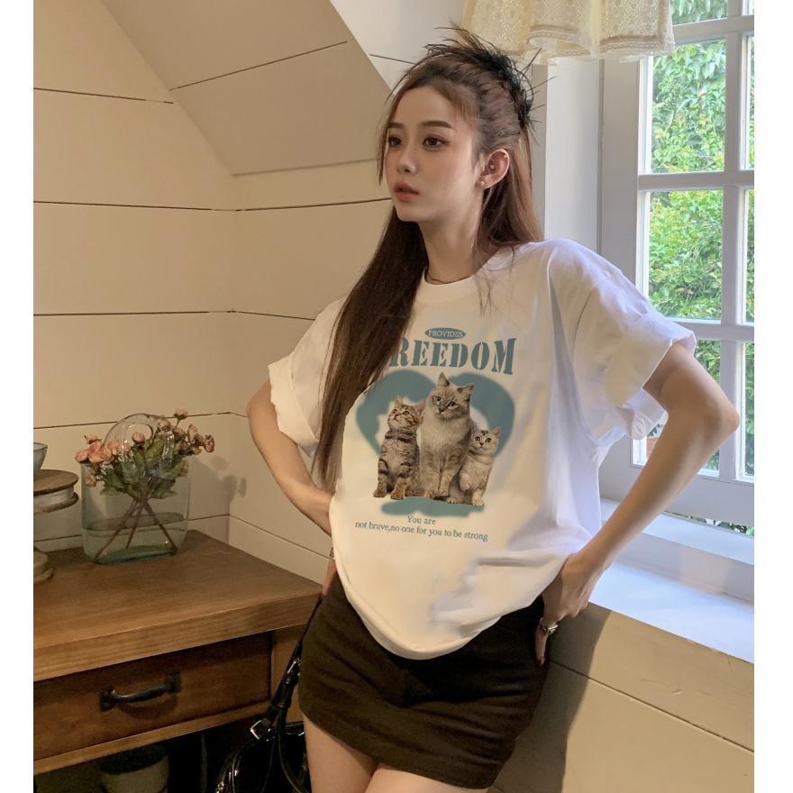 kaos wanita korean style cartoon graphic graffiti print T-shirt import oversize baju warna putih atasan wanita