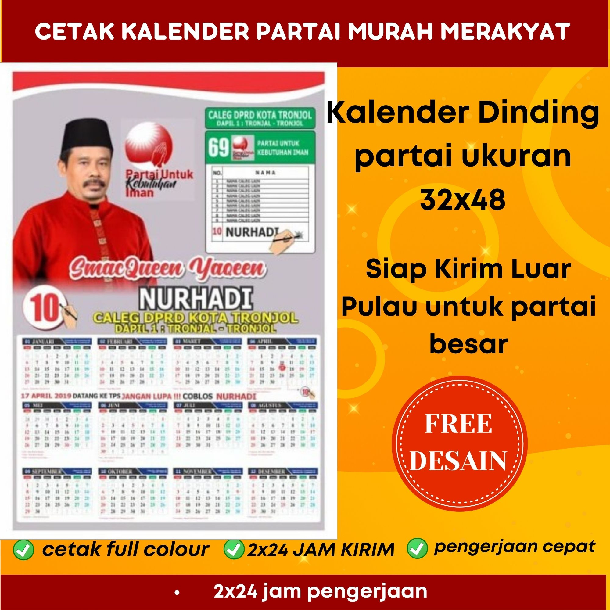 CETAK KALENDER DINDING PARTAI 2025 CUSTOM DUPLEX 250GSM 2000PCS MURAH