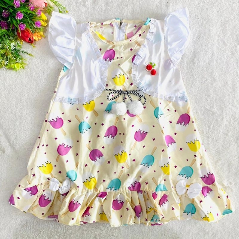 Dress Anak 1 2 Tahun Anak Cewek Perempuan motif ice cream lucu kekinian pompom ropi terbaru viral ( Dress Romcer )