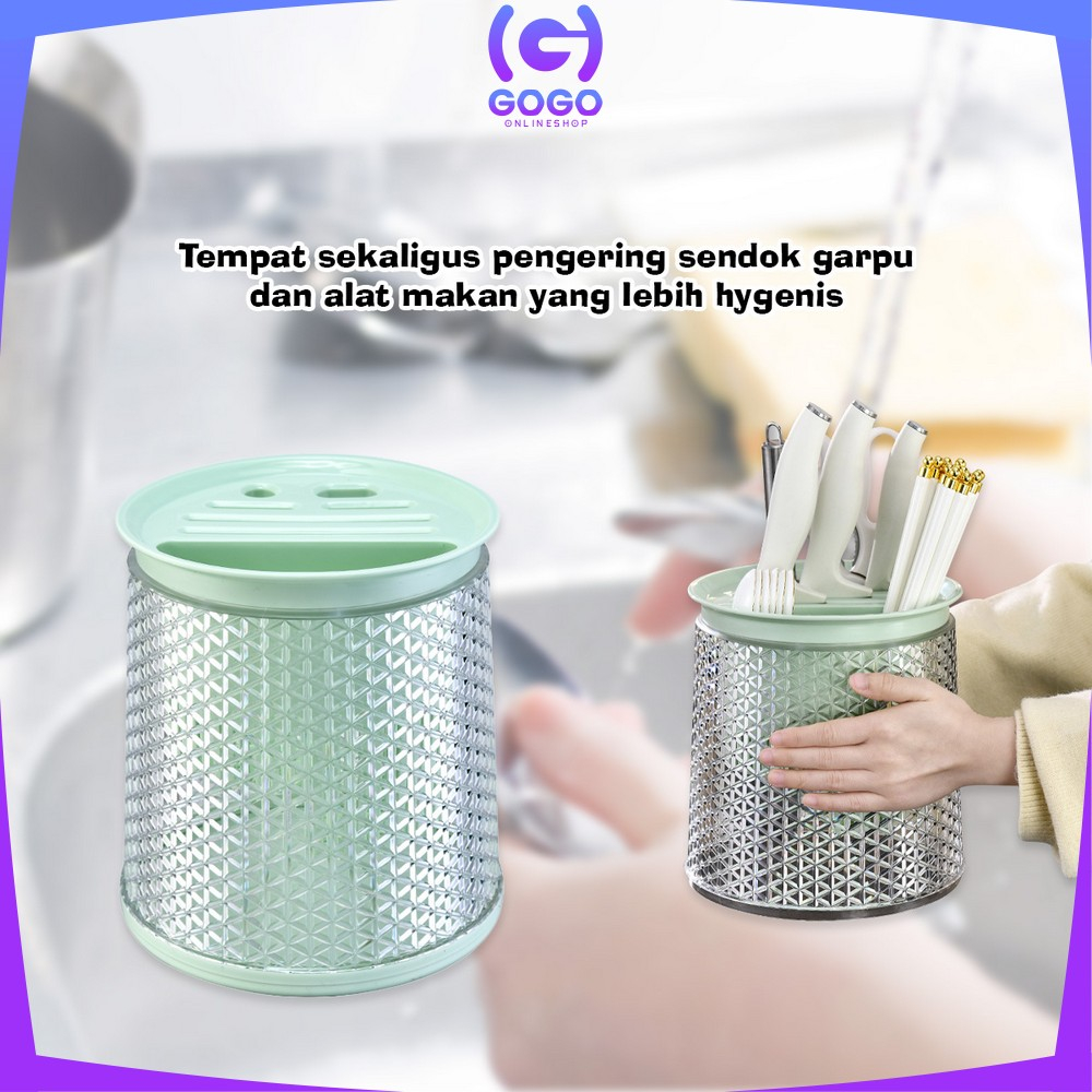 GOGO-C854 Tempat Sendok Garpu Sumpit Pisau Cutlery Holder Dengan Tirisan / Wadah Penyimpanan Rak Putar 360° Estetik Peralatan Dapur