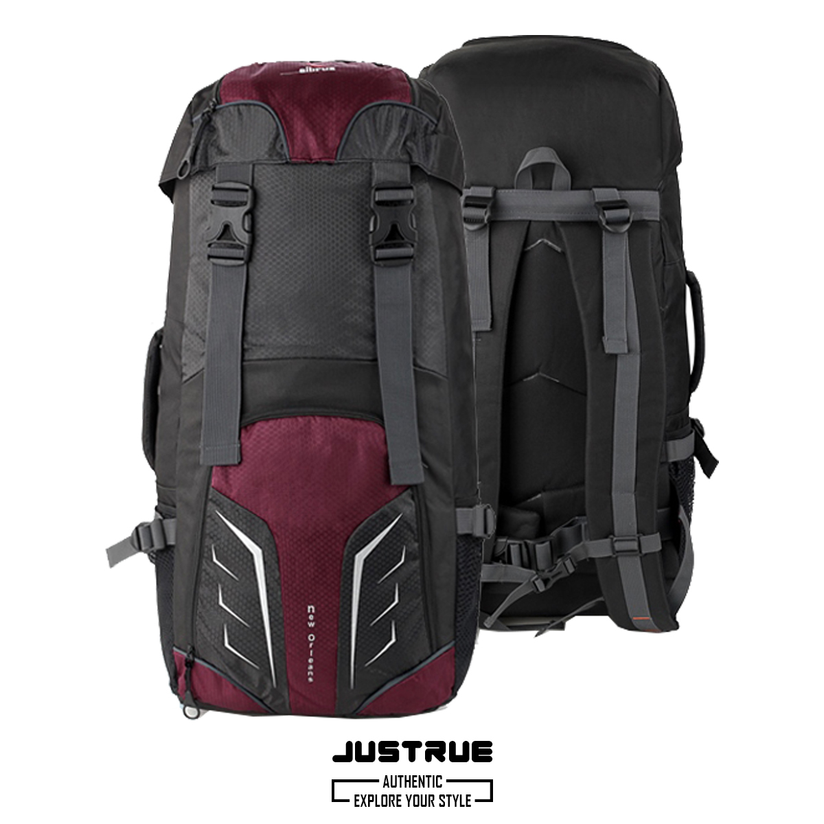 Justrue Tas Gunung Carrier 60 Liter Ransel Pendaki 60L Marun 306