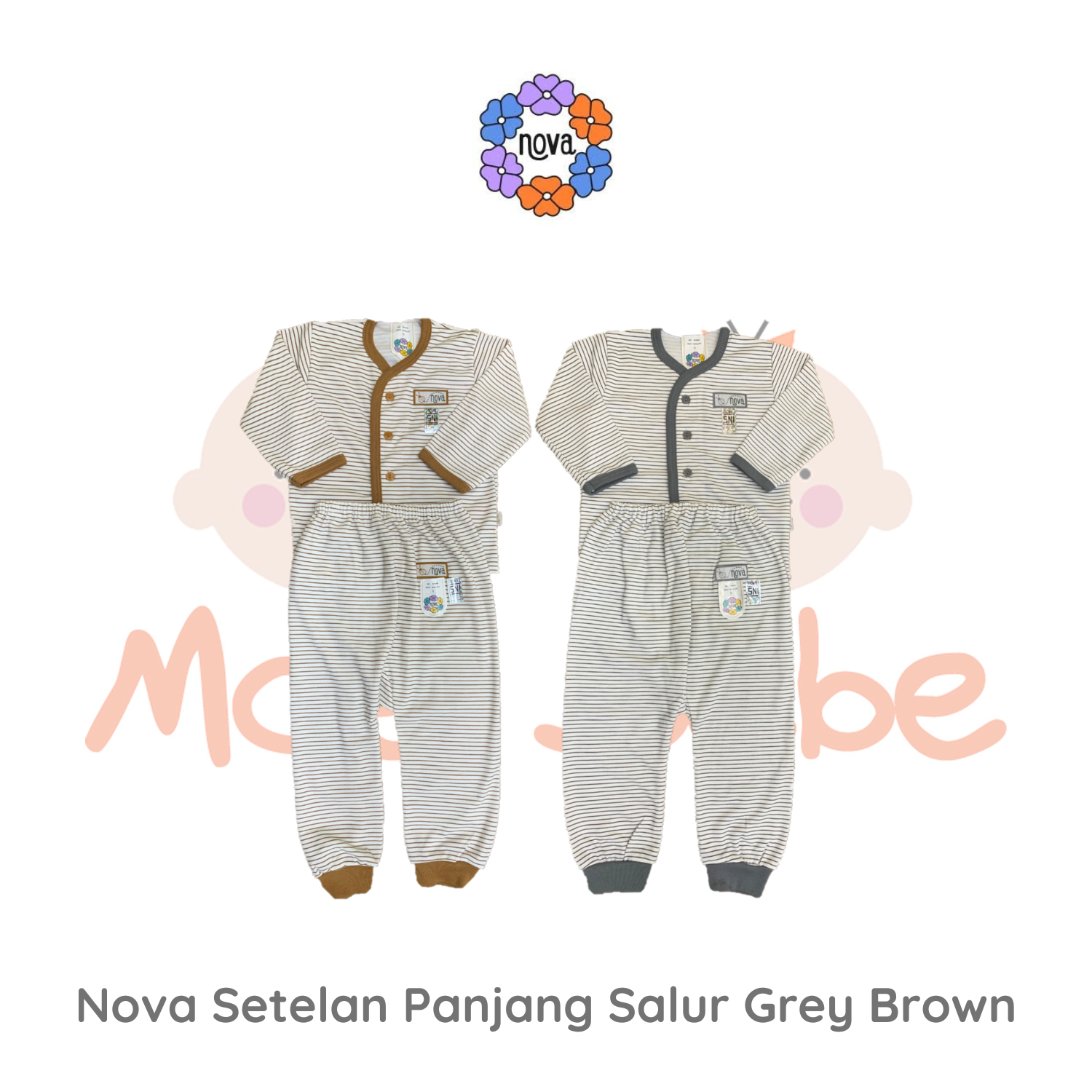 [Size SML] Nova Setelan Kancing Tengah Panjang Celana Panjang Salur Grey Brown Isi 2 Stel