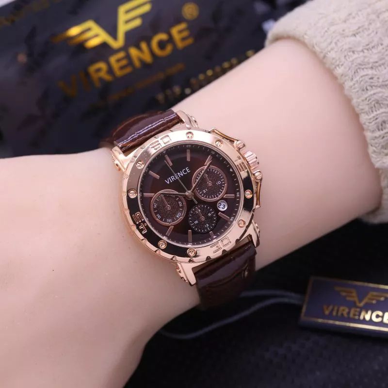 Jam Tangan Analog Virence Wanita Tali Kulit Tanggal Aktif Jam Tangan Keren