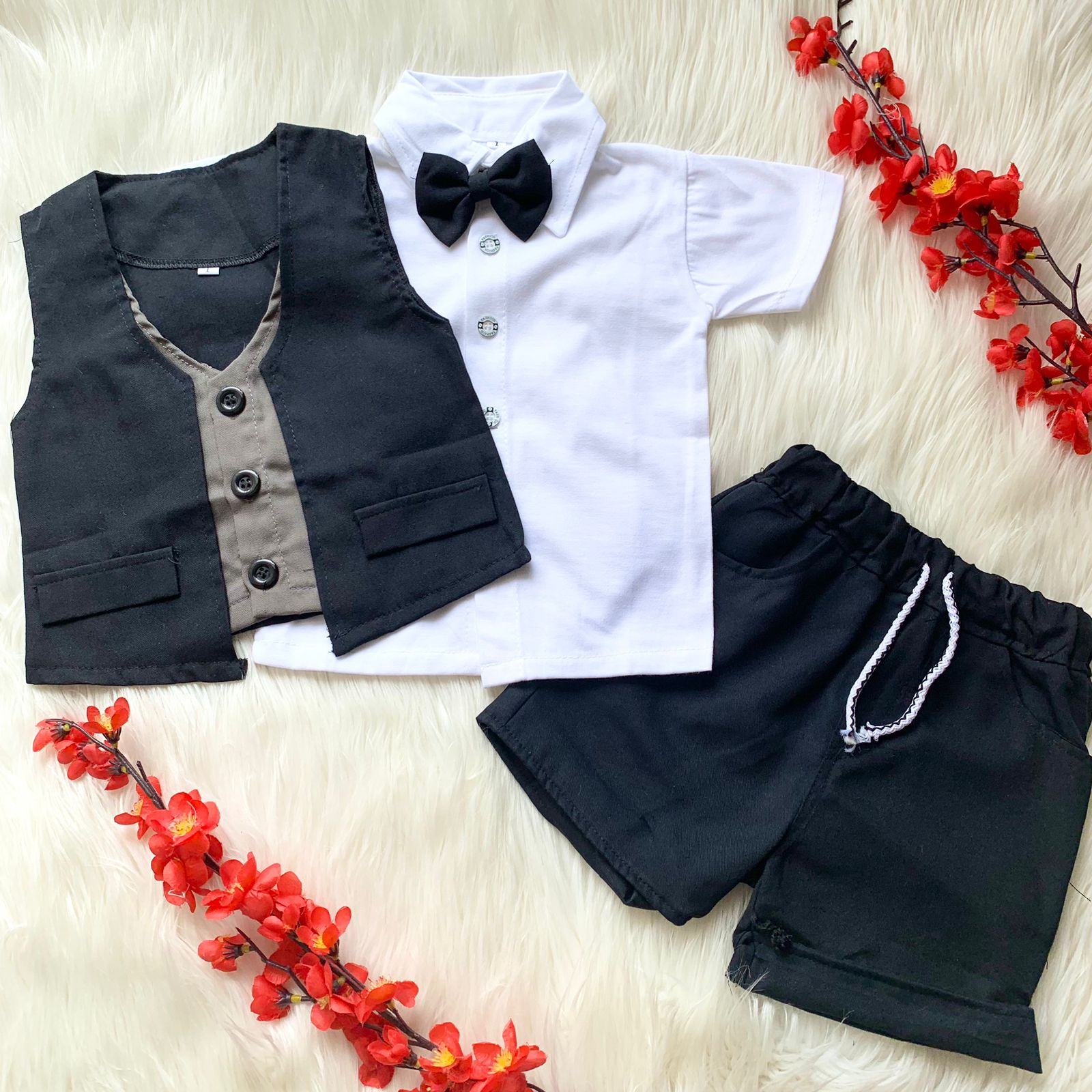 Baju setelan rompi kemeja celana pendek free dasi kupu-kupu pergi jalan pesta kekinian murah -cli