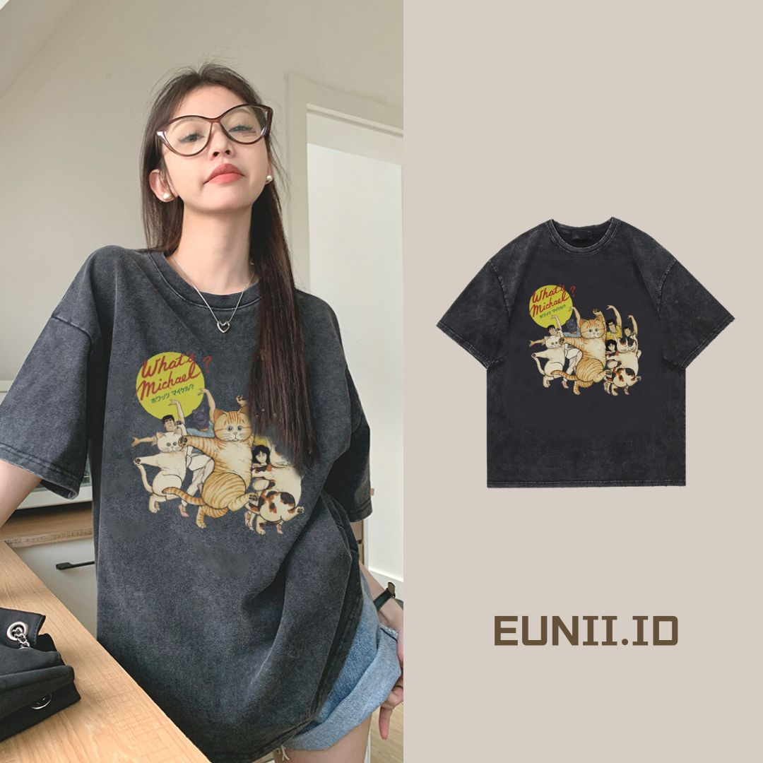 EUNII T-shirt Lengan Pendek Black Washed Cartoon Funny Cat Printing Korean Style/Kaos Atasan Wanita/Baju Wanita/Kaos Wanita