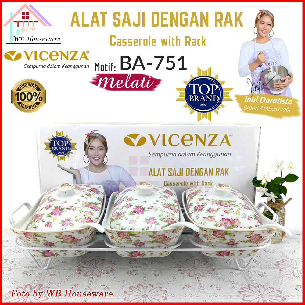 VICENZA wadah saji set isi 3 + rak motif melati / pemanas makanan / casserole food warmer keramik BA