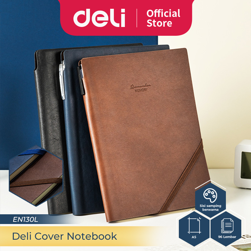 

Deli Leather Cover Notebook / Buku Catatan / Agenda Sampul Kulit A5 96 Lembar Pen Holder Rubber Band EN130L