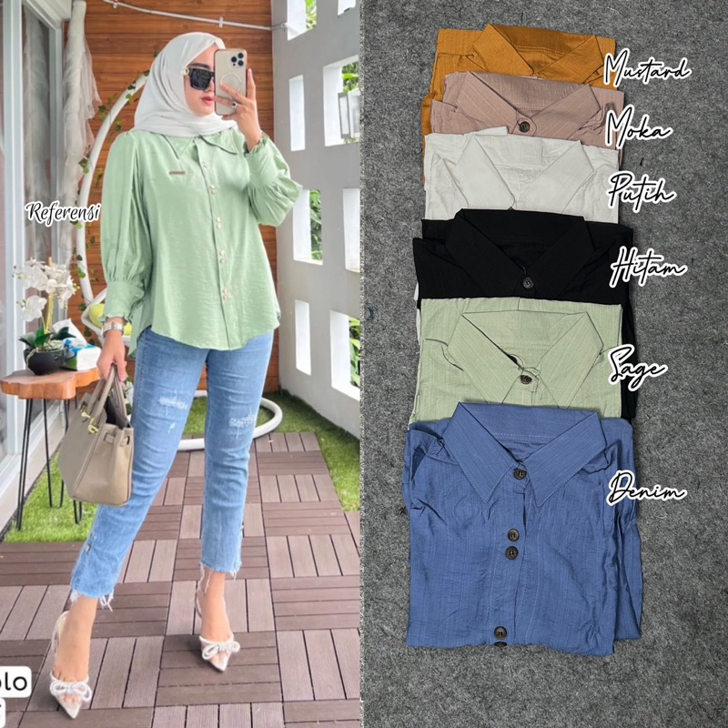 HESTI BLOUSE KEMEJA POLOS POLO LINEN LENGAN PANJANG LD 110 KANCING FULL AKTIF