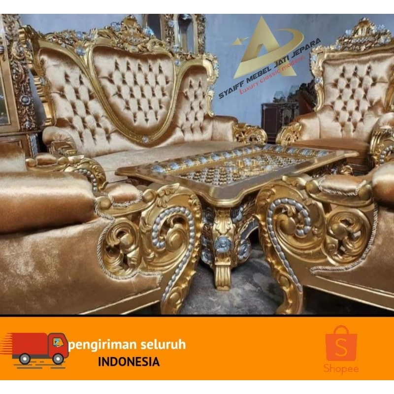 kursi tamu sofa belagio full ukir Jepara warna glod emas kayu jati