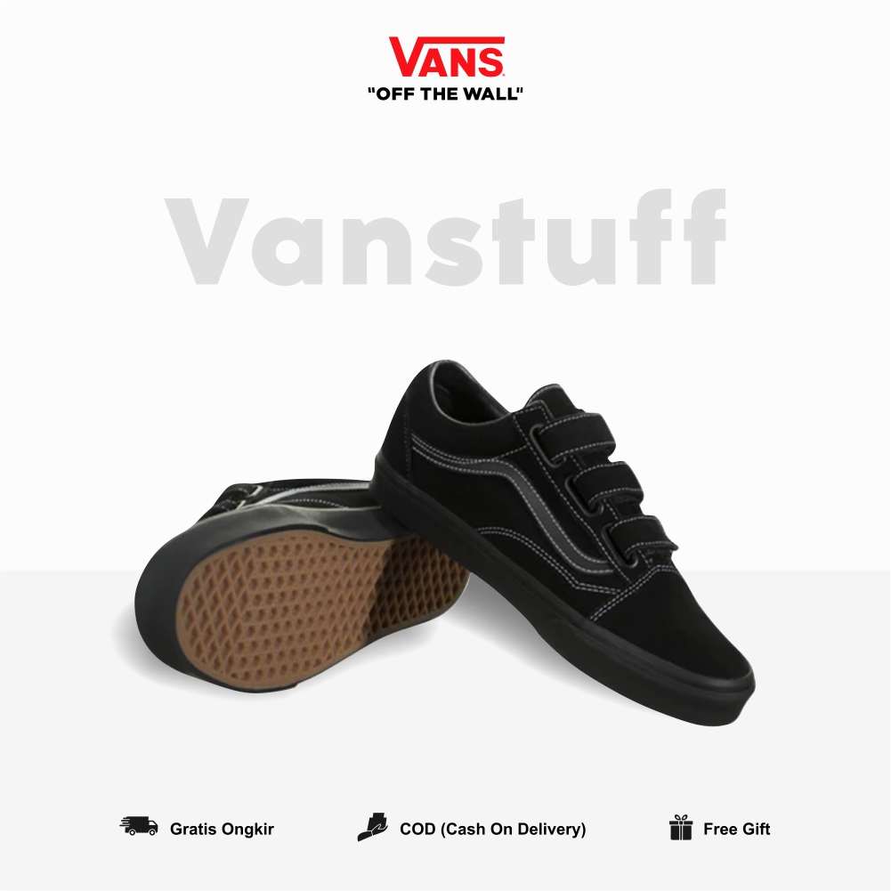 Vans OldSkool Velcro Clasic Black Stitch Original100% BNIB Global Market Waffle EVB Pria Wanita Authentic Guarated Vanss Old School Hitam Putih