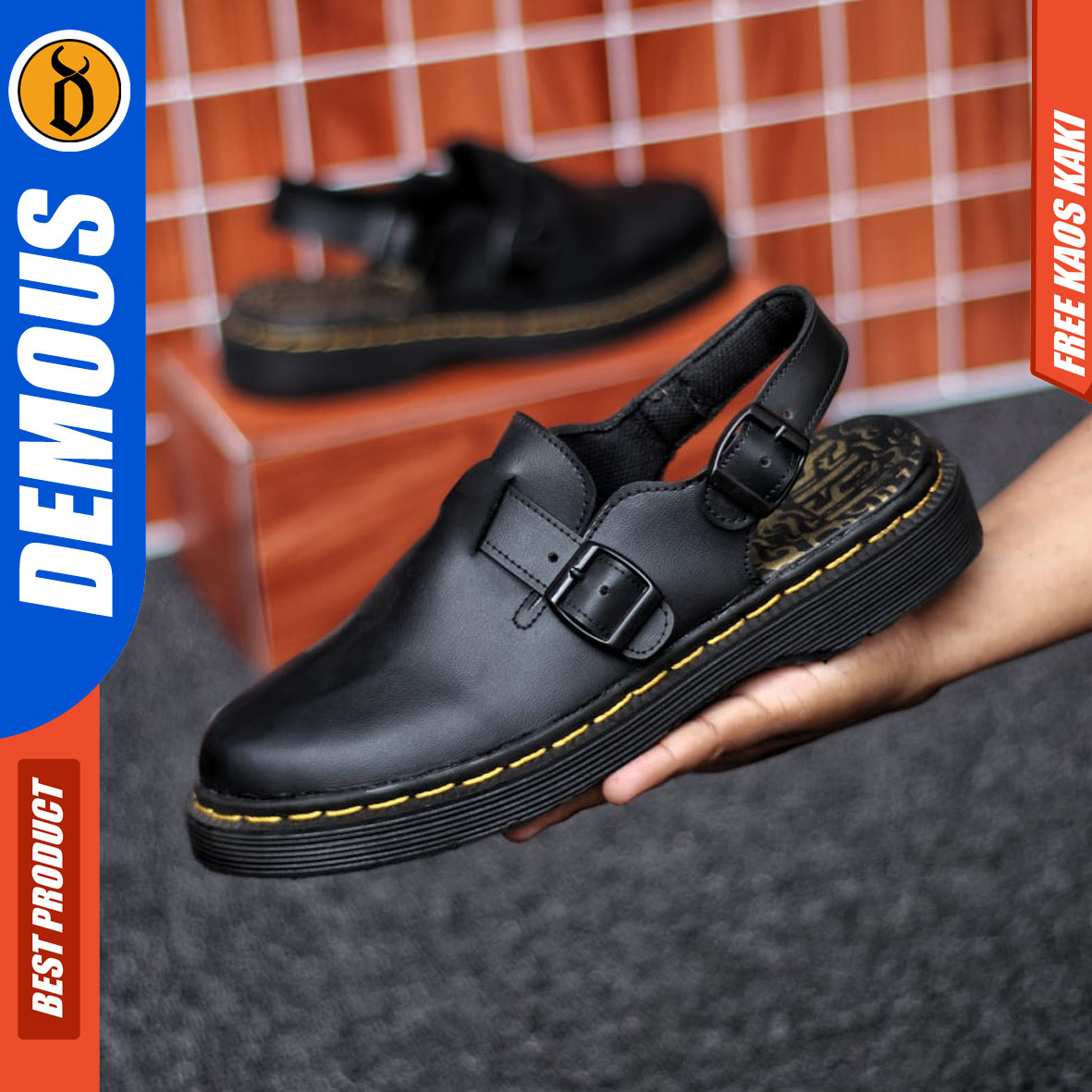 DEMOUS MIKASA - Sandal Sepatu Docmart Pria Sendal Slide Selop Pria Kulit PU