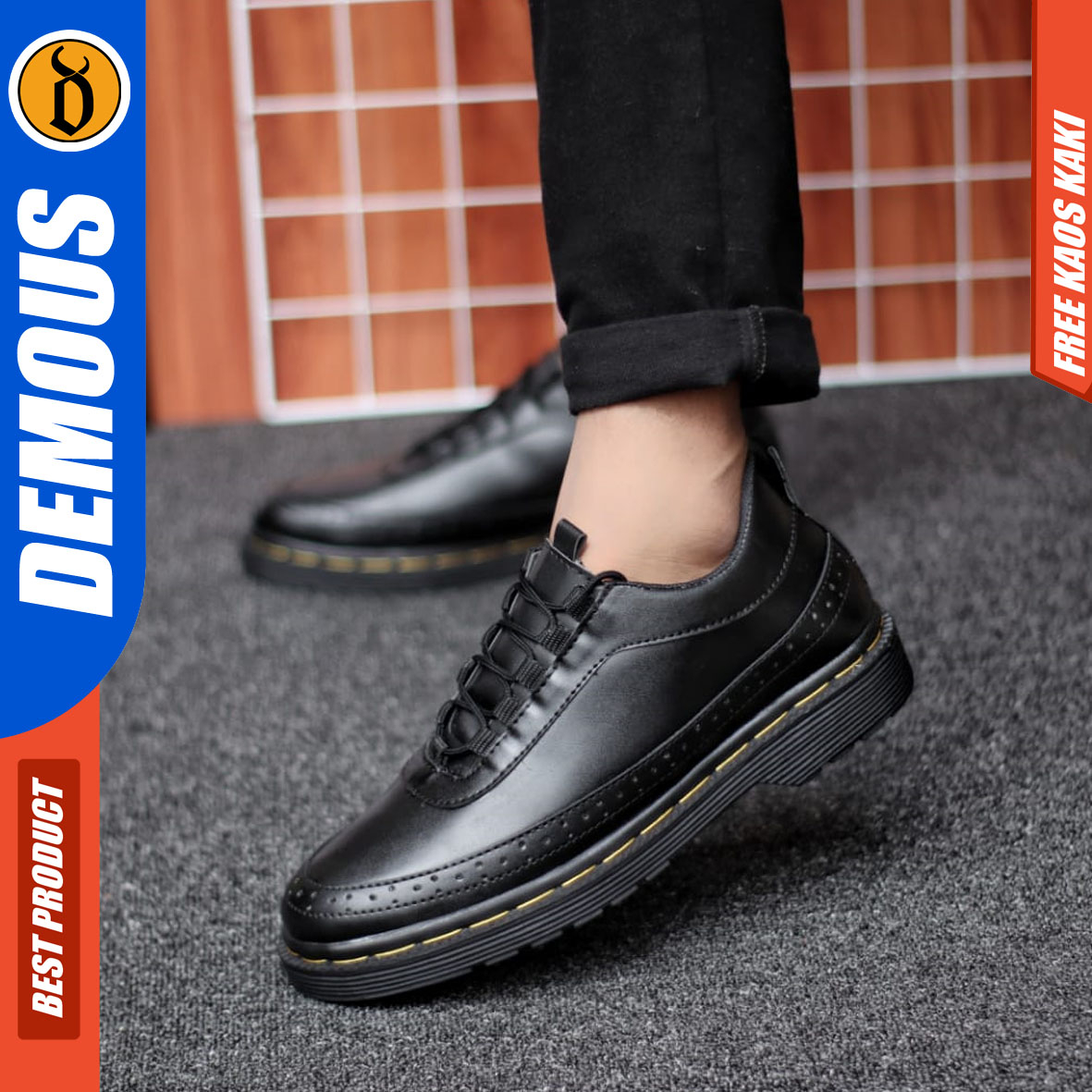 DEMOUS KAWAKI - Sepatu Pantofel Formal Docmart Low Boots Kerja Kantor Pria Hitam