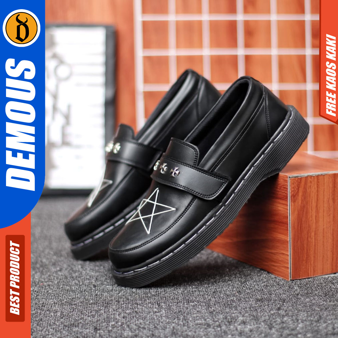 DEMOUS - Sepatu Pria Slip On Loafers Formal Hitam Kulit PU