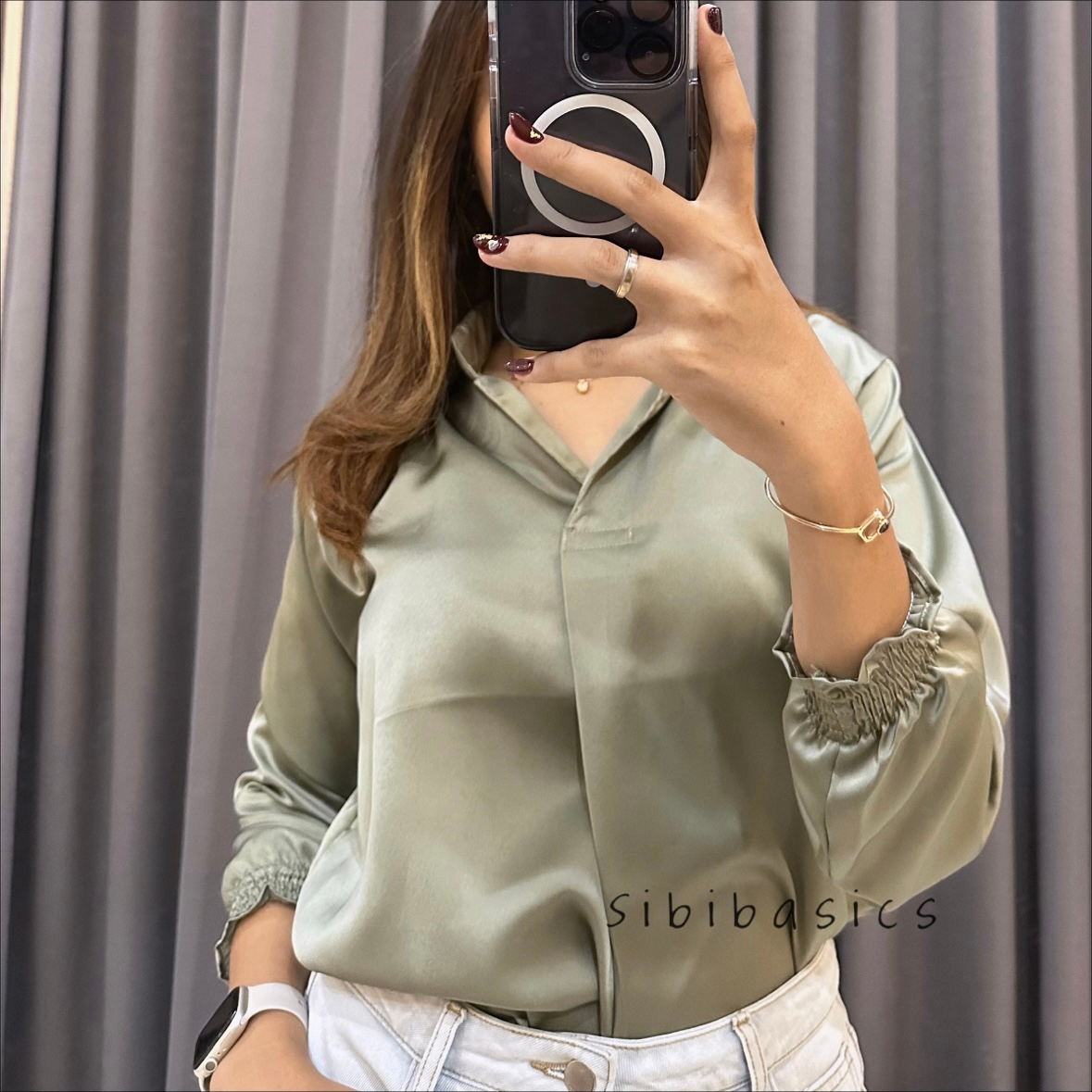 SIBIBASICS - Blouse Kemeja Bahan Satin Premium Lengan Kerut Standar dan Jumbo Atasan Wanita Korean Style