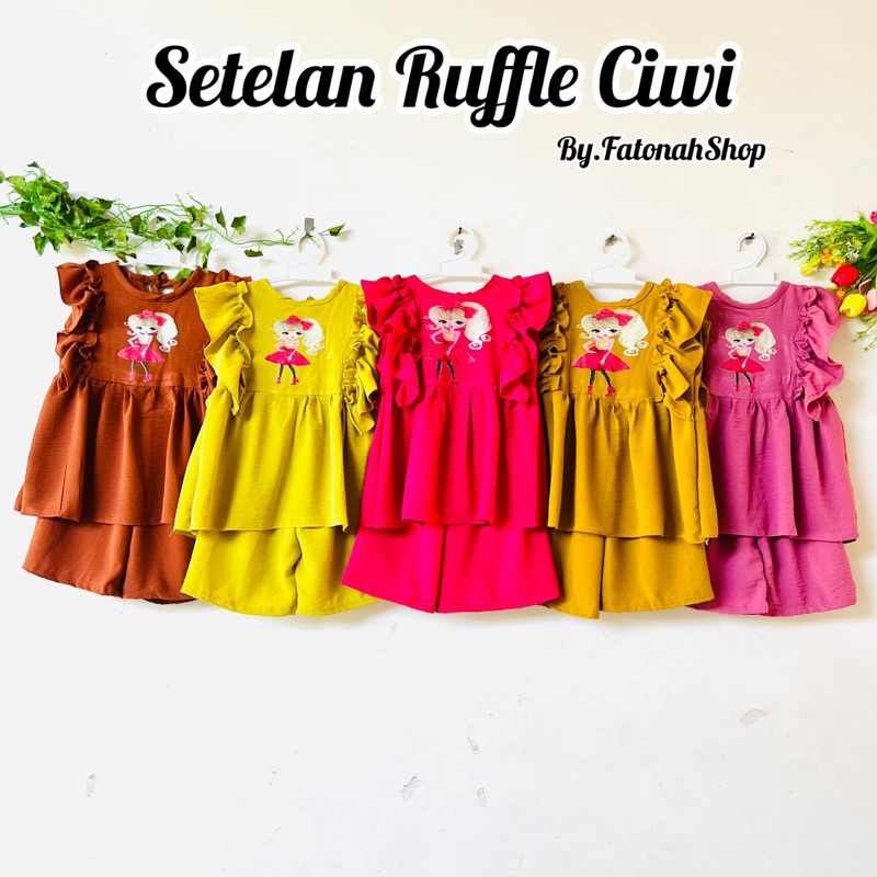 Setelan Anak 2 3 4 Tahun Anak Cewek Perempuan Crinkle Ruffle lucu set anak crinkle sablo kartun lucu kekinian terbaru ( Setelan Ruffle Ciwi dan Ruffle Mixue )