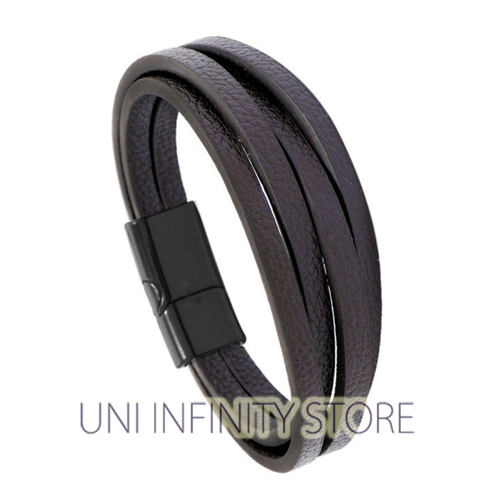 JWLB0354 Gelang Kulit Hitam Cokelat Magnet Simple 4 Tali Pria Wanita Magnetic Four Straps Black Brow
