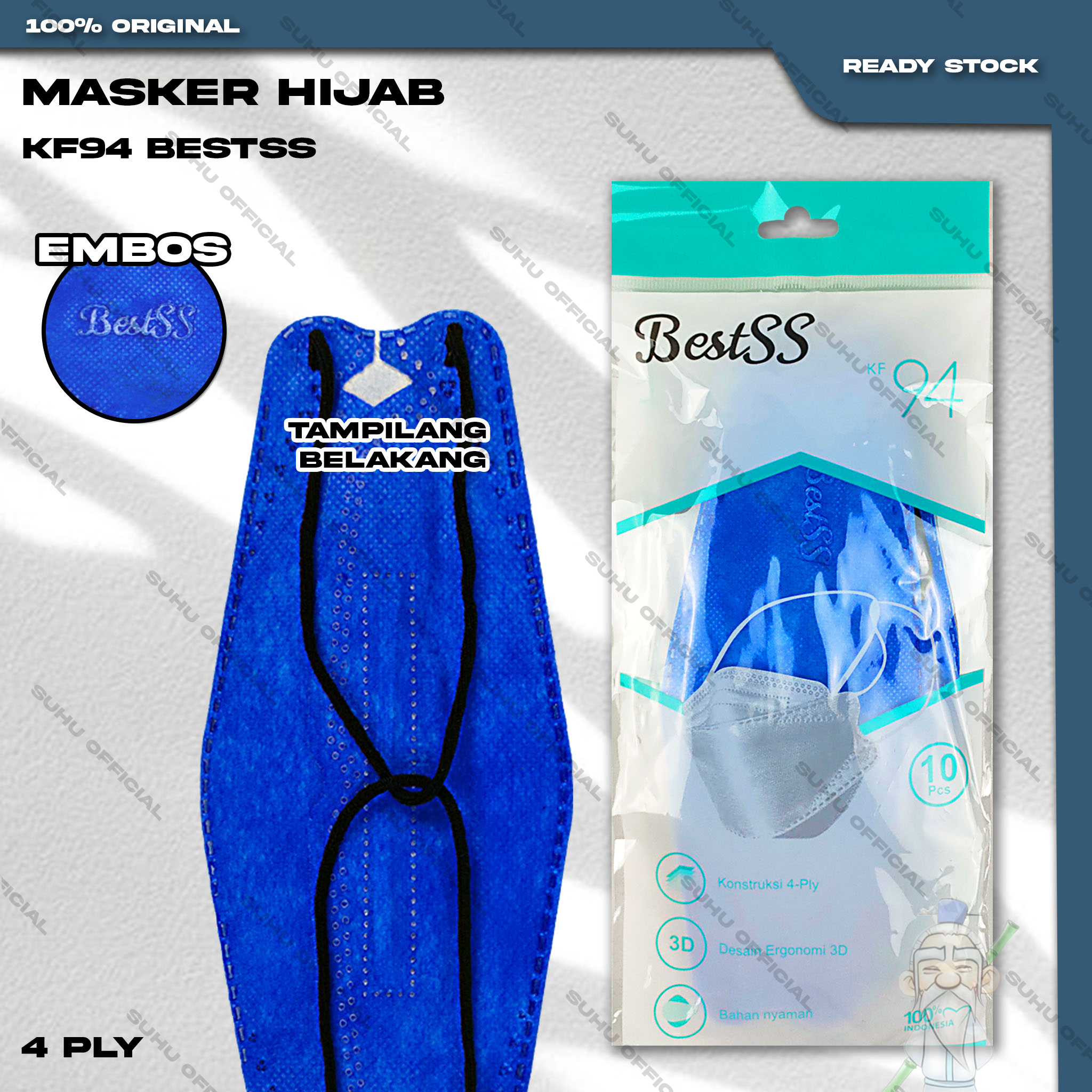 Masker KF94 Hijab BESTSS 4Ply isi 10Pcs Putih Hitam Abu Warna KF 94 4 Ply Headloop Surgical Mask Kemenkes