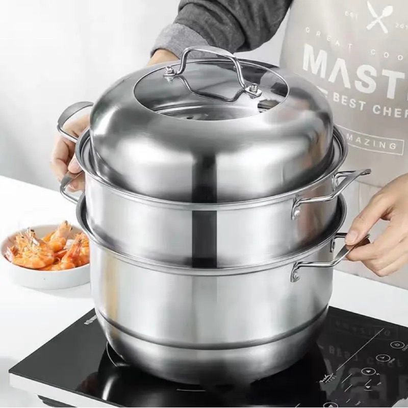 NEW Panci Steamer 3 Susun Dengan Tutup Kaca - Steamer Pot Pengukus Serbaguna Stainless Steel - Panci Siomay Kukus Dandang Berkualitas Tebal