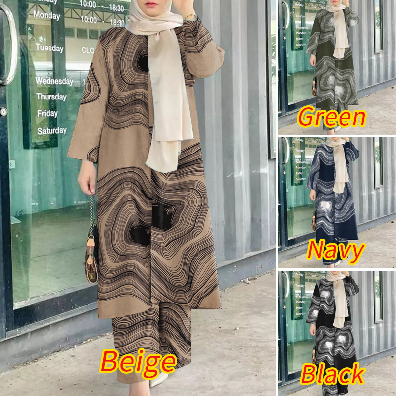 ZANZEA Women Muslim Fashion Long Sleeves Elastic Printing Side Slits Wistband With Pockets Suit