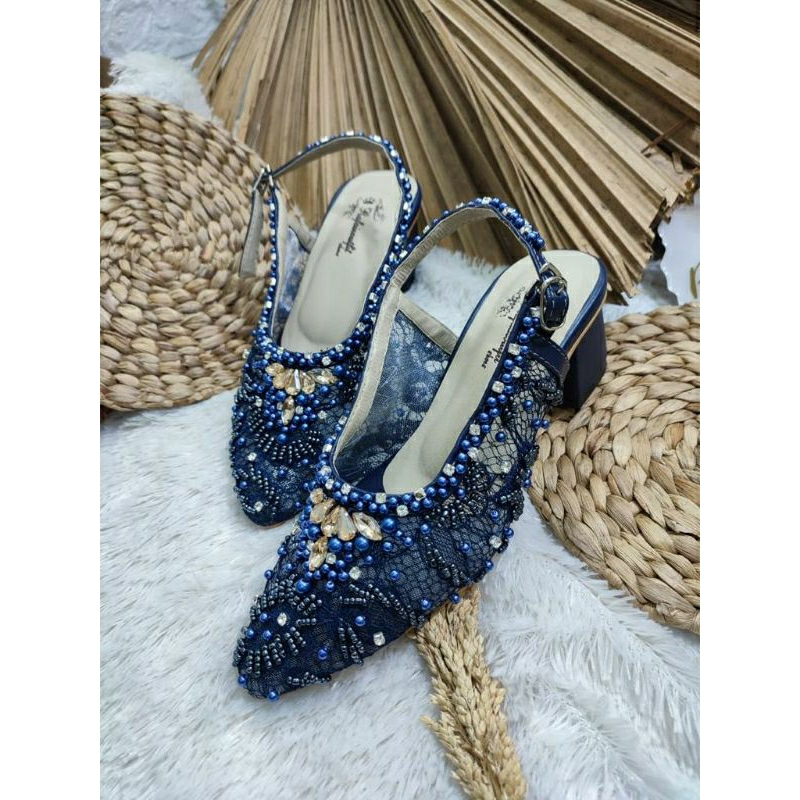 Sepatu wedding Cantik mewah Novaria Navy 5cm tahu