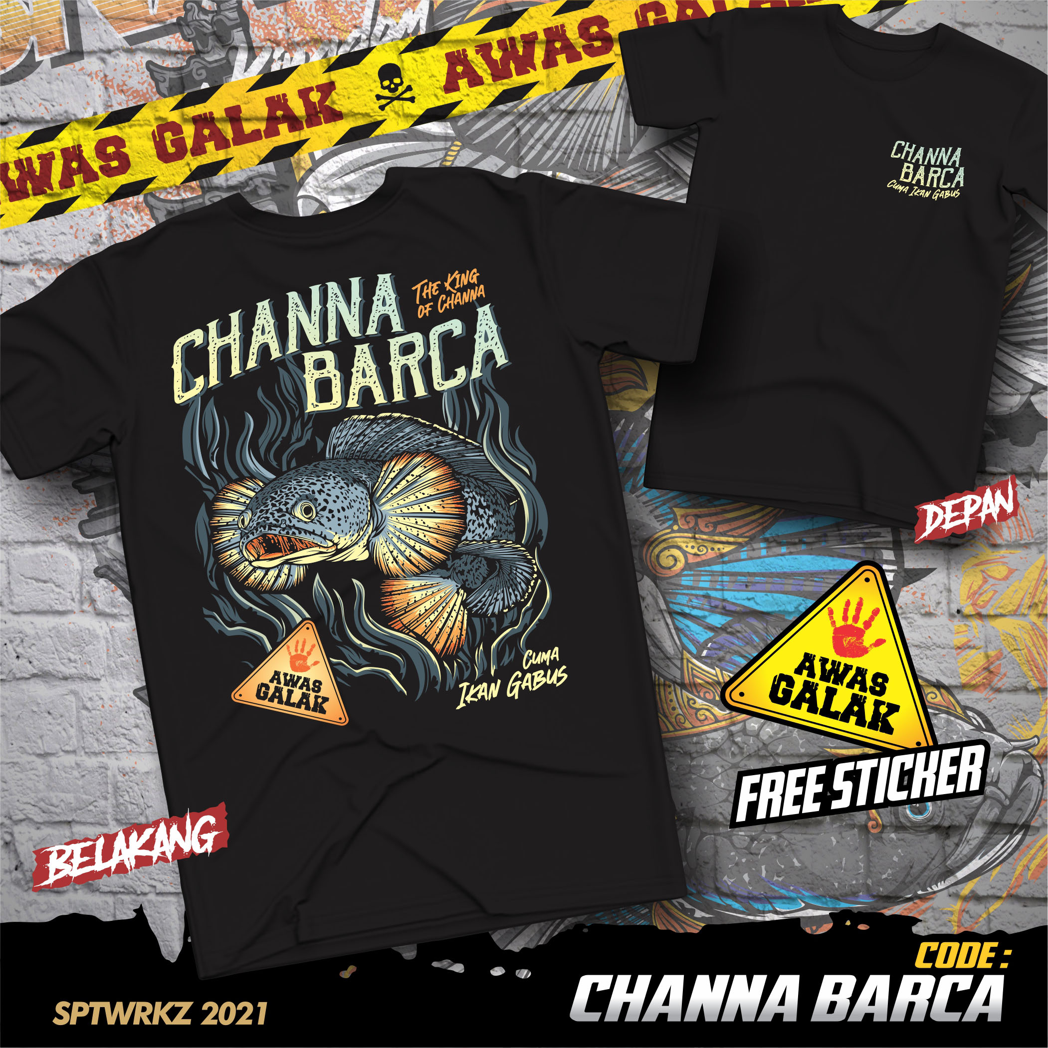 KAOS IKAN CHANNA BARCA/BARCA SNAKEHEAD FISH TSHIRT/KAOS IKAN CHANNA/KAOS SNAKEHEAD/CHANNA BARKA DESA