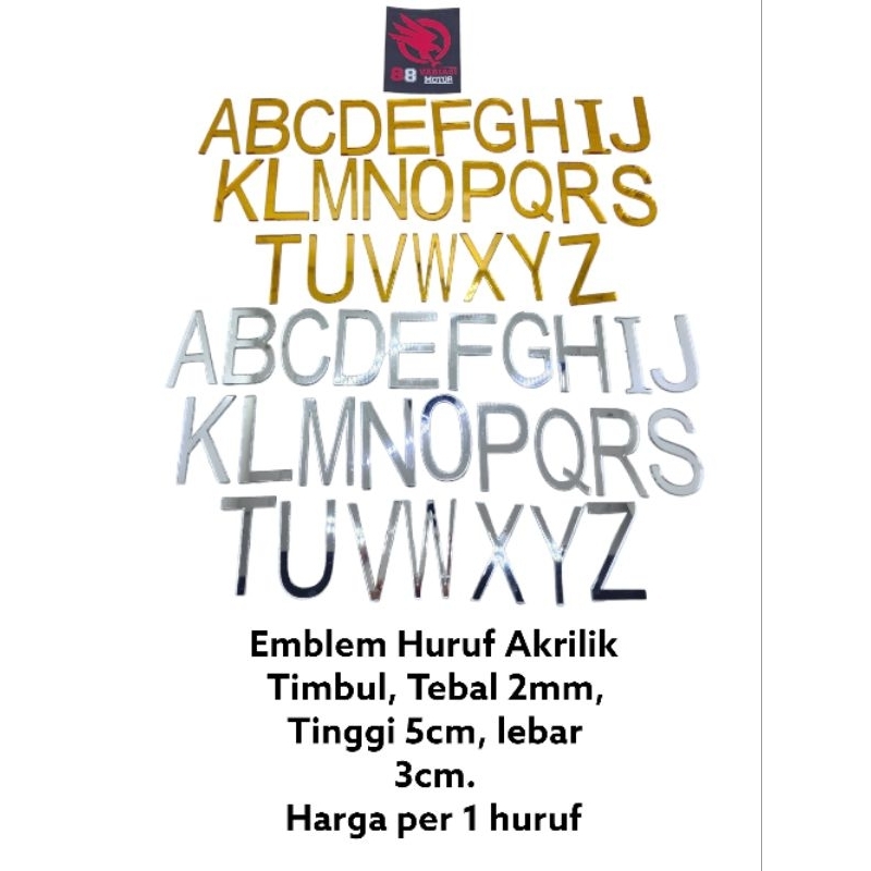 Emblem Akrilik Huruf Timbul Tebal 2mm, Tinggi 5cm, Lebar 3mm