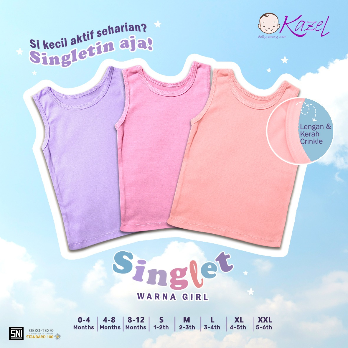 3 Pcs SInglet kaos dalam bonbinzoo adem halus SNI baju bayi / baju anak