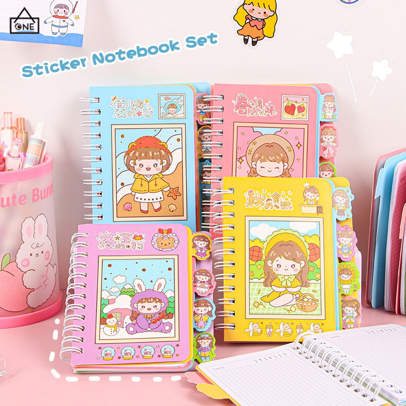 COD❤️Buku Catatan Lucu Siswa Scrapbook Coil  Buku Portabel  Dengan Stiker Di Dalamnya-A.one