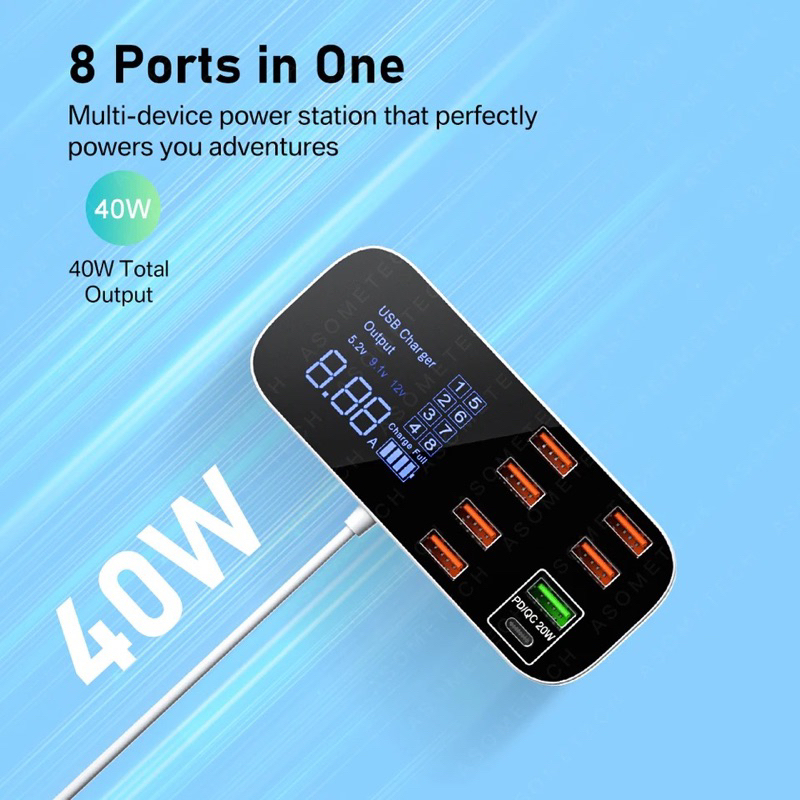 ELAVO 8 Port USB Charger station portable 40W Quick charging Adaptor Multifungsi adapter Original Type C Qualcomm Fast charge android iphone 5A 3A 2A ampere kepala charging Hp handphone devices universal