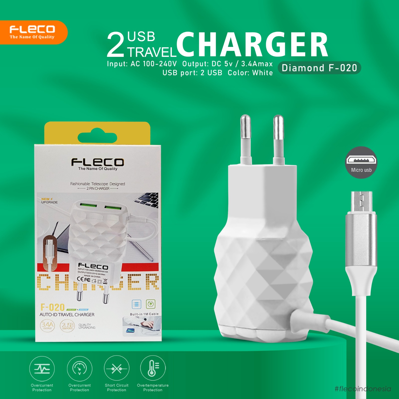 Quick Charge 3.1 USB Wall 2 USB slot Charger F-020 FLECO