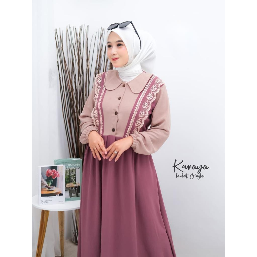 [COD] Kanaya Dress | gamis cringkle variasi renda Gamis Best Seller