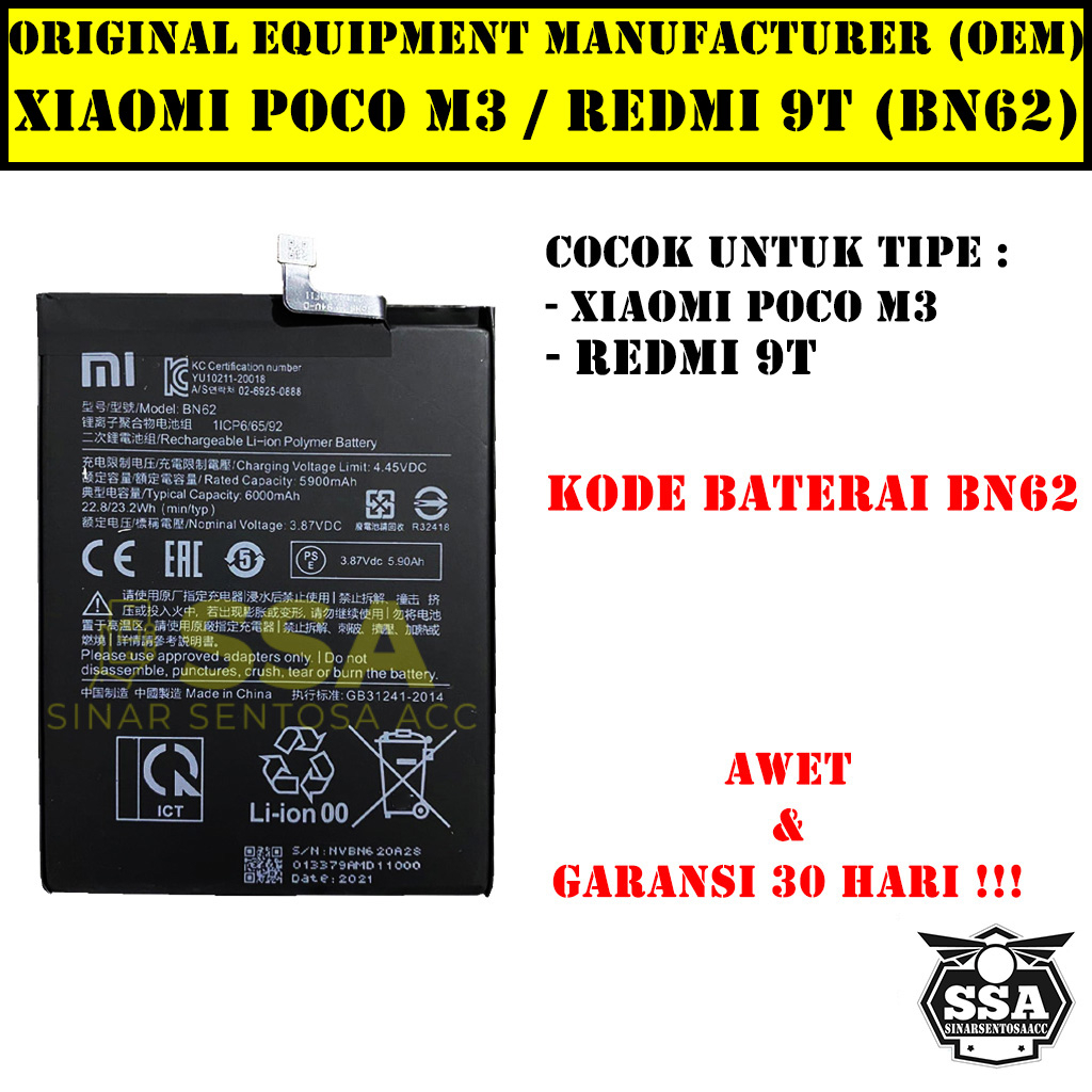 Baterai Xiaomi Redmi 9T Poco M3 BN62 Redmi9T Xiaomi9T Redmi PocoM3 Phone BN 62 Original OEM Batu Batere Batre Battery Batrai Batrei ori hp Xiao Mi Garansi