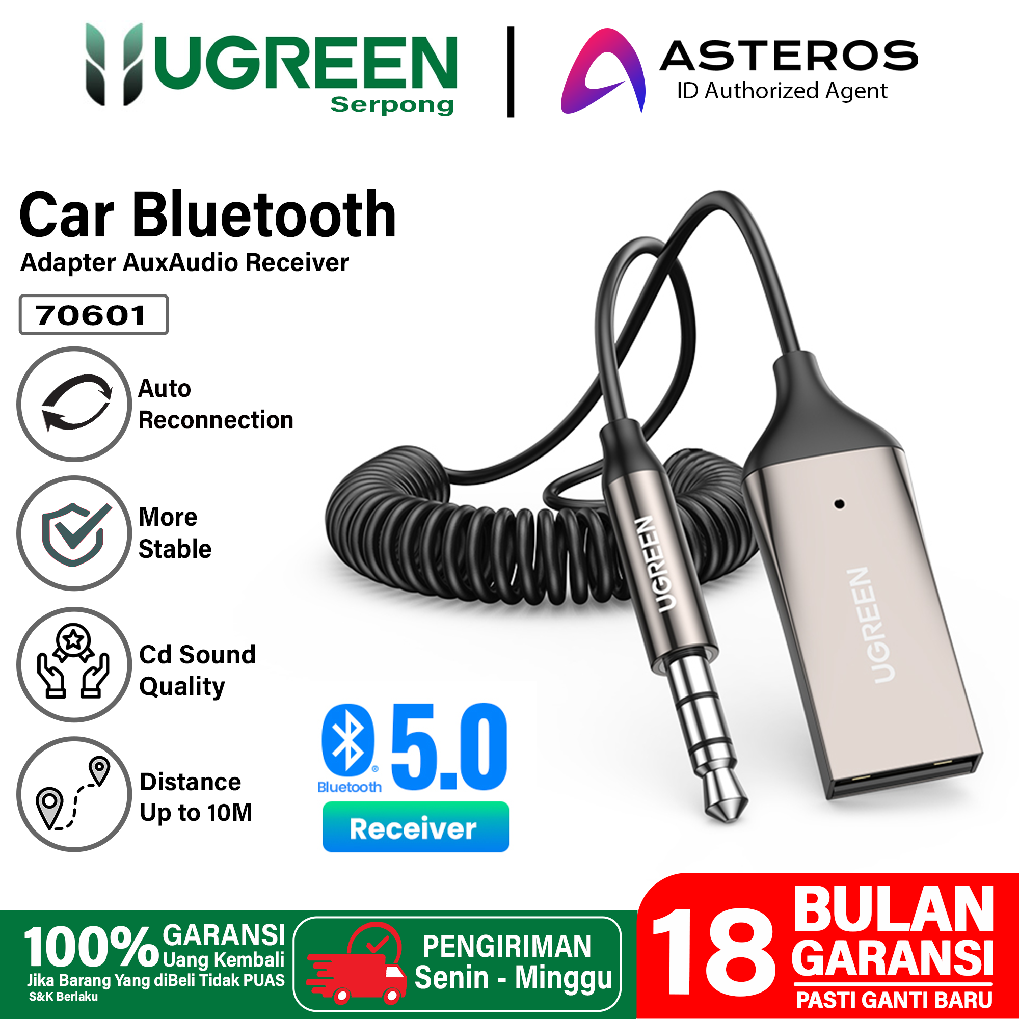 UGREEN CAR Wireless Audio Receiver Bluetooth USB To Aux 3.5mm Untuk Head Unit Mobil Speaker Etc