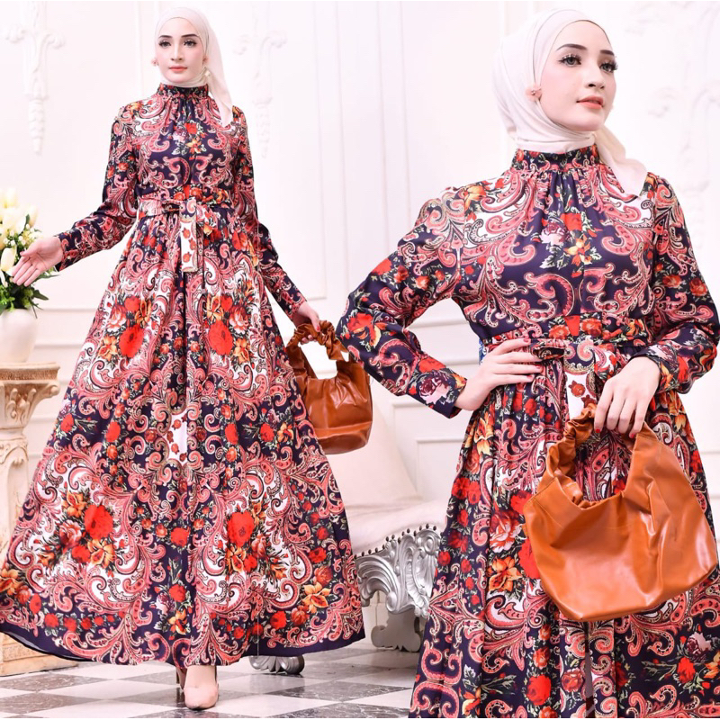 Gamis Maxmara floral slik premium Kekinian / Gamis slik Terbaru viral