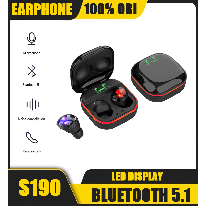 TWS Wireless Earphone Bluetooth 5.1 Gaming Earbuds  e-sports Headphones Headset low delay Intelligent Digital Display Breathing Lamp Waterproof Upgraded Bluetooth - S190(COD)