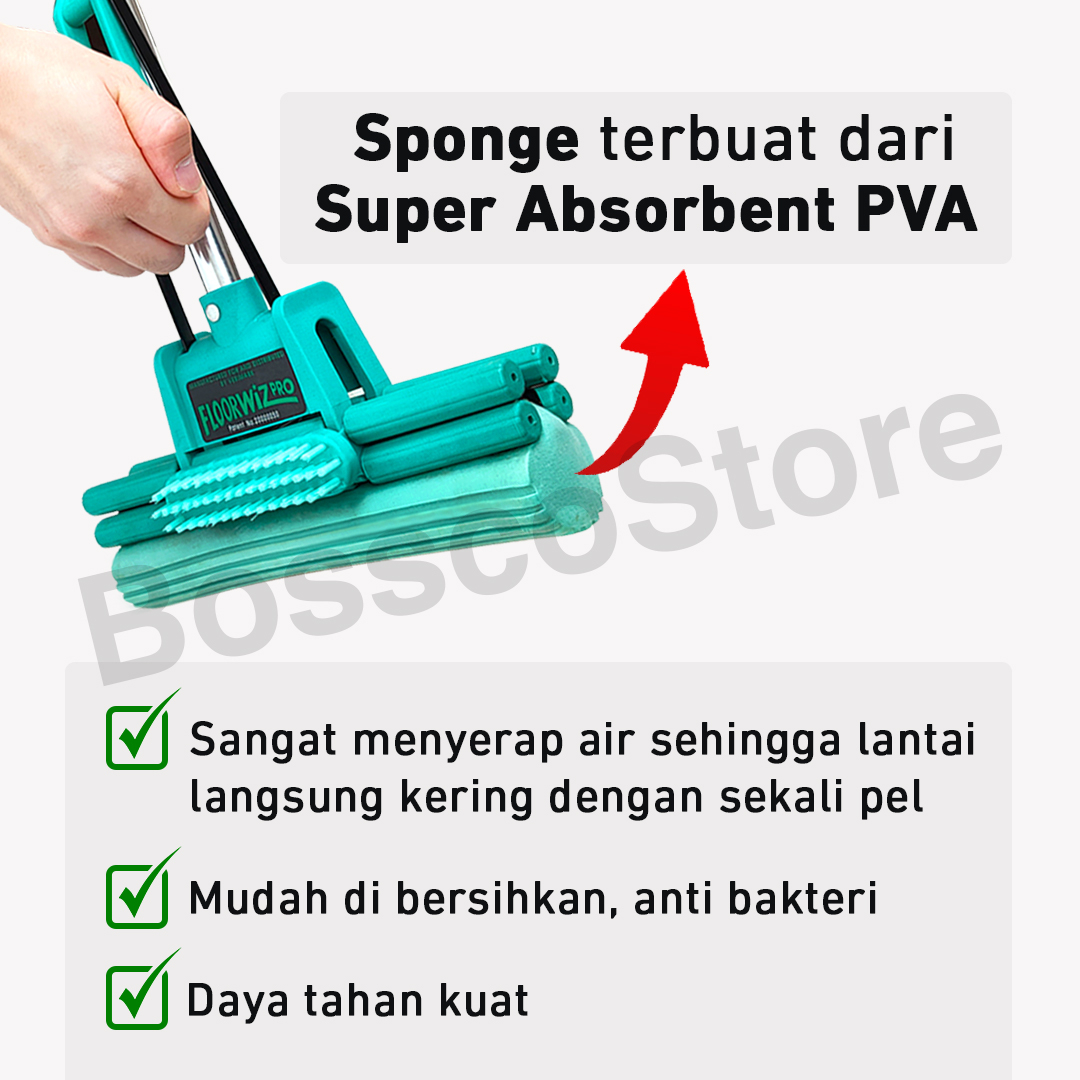 Floorwiz Pro Mop Alat Pel Lantai Sponge PVA Ber-Patent Kualitas Premium pel lantai spons karet floor mop pengering air pel pengering lantai sapu lantai sikat lantai mop lantai alat pembersih lantai alat pel lantai