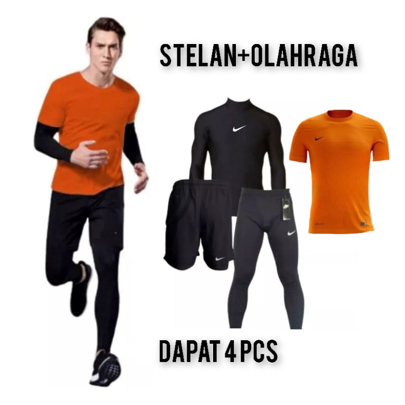 FULL SET - 4 IN 1 - Stelan Olahraga Pria Baju Jersey Celana Pendek Legging Baselayer Panjang Dan Baj