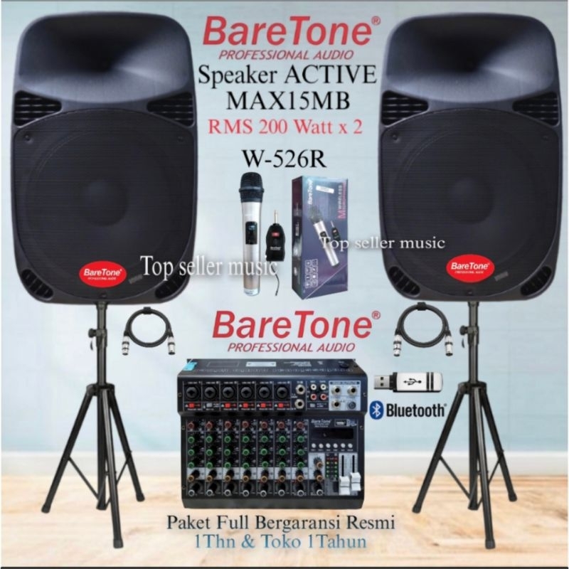 Promo Paket Sound System Speaker Aktif 15 Inch BareTone Mixer 4 Ch Mic Wireless Original