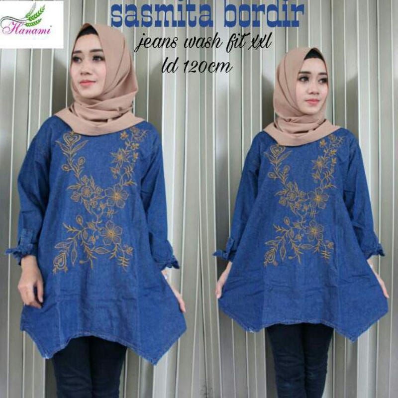 Baju Atasan Wanita Jeans Wash premium Quality/Tunik Jeans Bordir Terbaru/Tunik Levis Kekinian