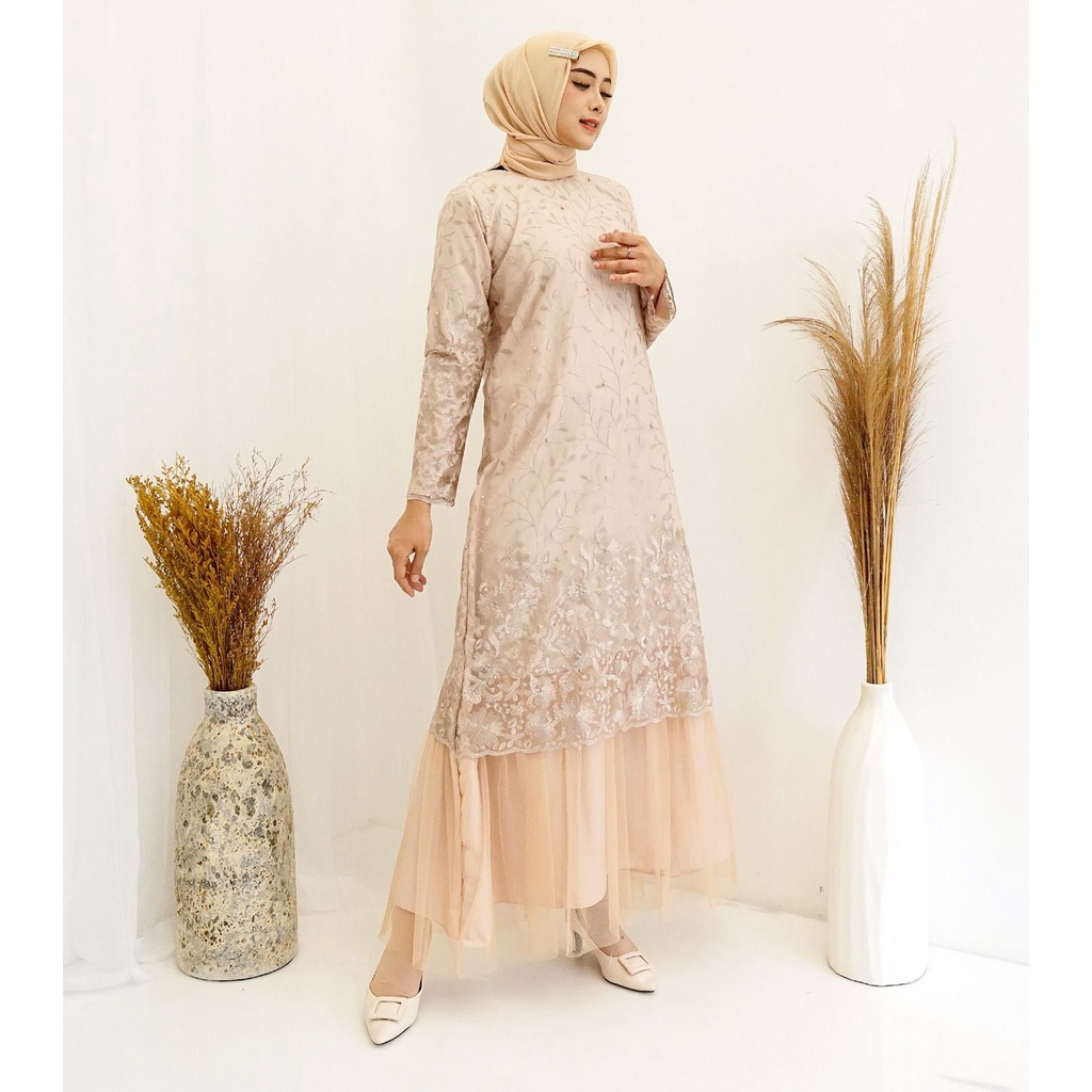 Arini Gamis Warna Putih Gading Coklat Susu Krem Bahan Moscrepe Brukat Brokat Full Tile Tulle Bordir 