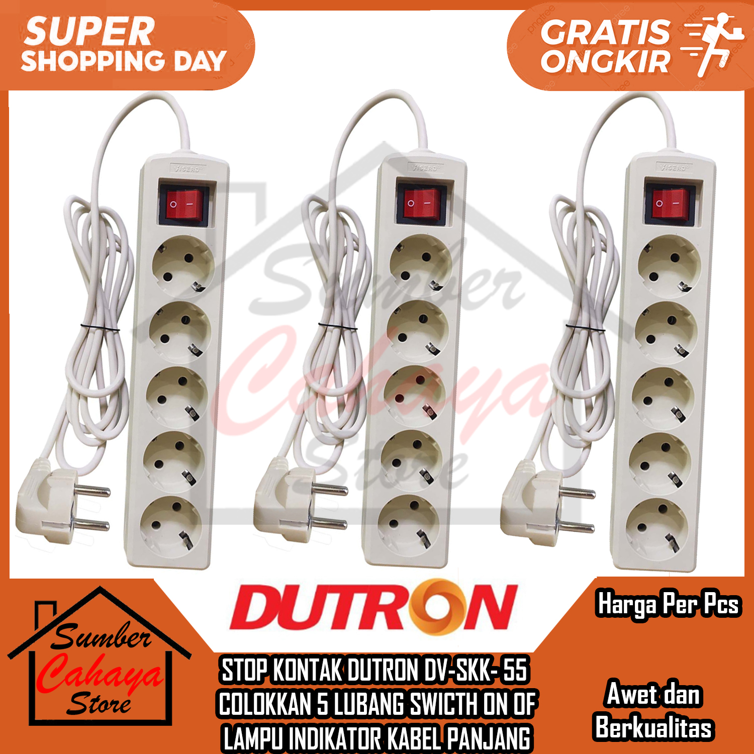 STOP KONTAK DUTRON DV-SKK55 KABEL LUBANG 5 PANJANG 5 METER SNI KABEL COLOKAN LISTRIK SAKLAR TOMBOL O